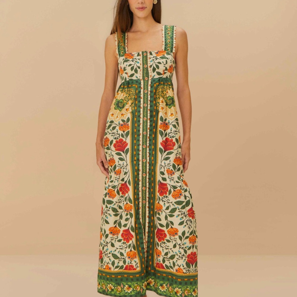 NWT FARM Rio Cream Maxi Dress with Green, Red and Orange Floral Print - Picture 1 of 7